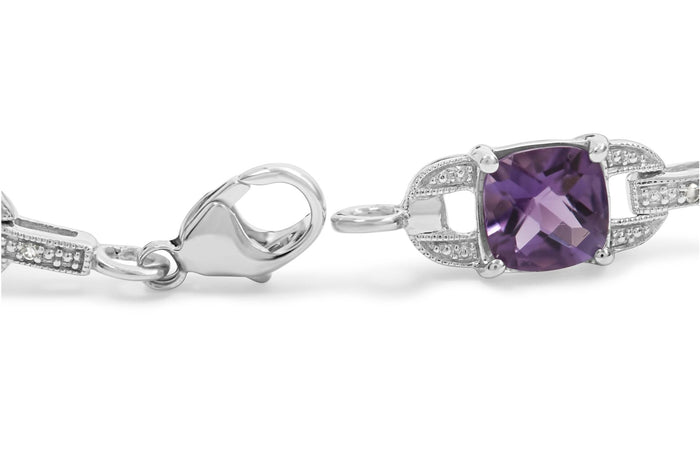 Pulsera tenis de eslabones con amatista de talla cojín de 7 mm y diamantes en plata de ley, foto 2