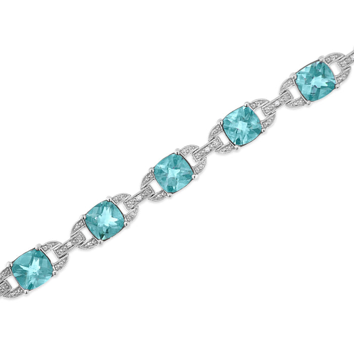 Pulsera tenis con topacio azul talla cojín de 7x7 mm y diamantes talla redonda de 1/20 ct. p.t. en plata de ley, foto 5