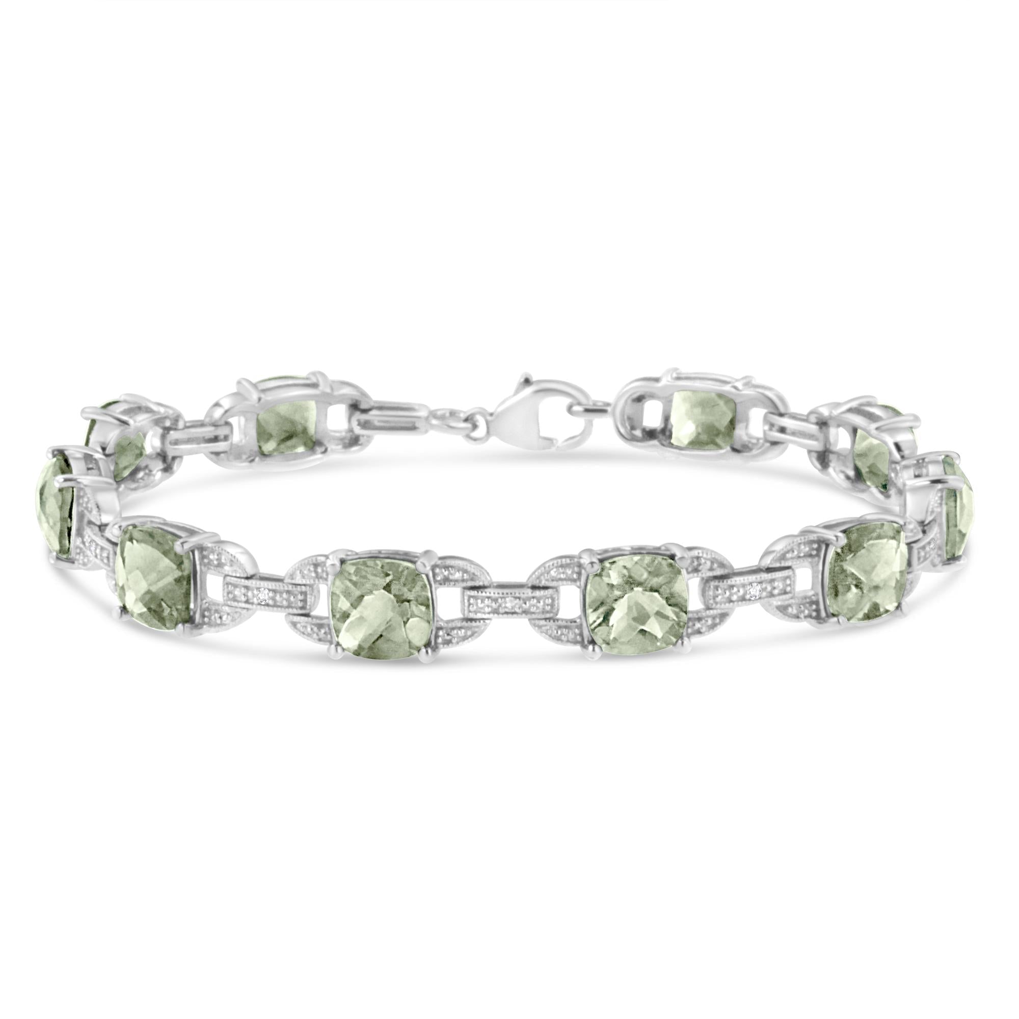 Pulsera tenis con amatista verde de talla cojín de 7x7 mm y diamantes redondos de 1/20 ct. p.t. en plata de ley, foto 1