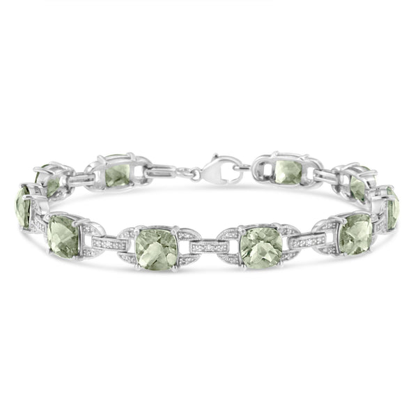 Pulsera tenis con amatista verde de talla cojín de 7x7 mm y diamantes redondos de 1/20 ct. p.t. en plata de ley, foto 1