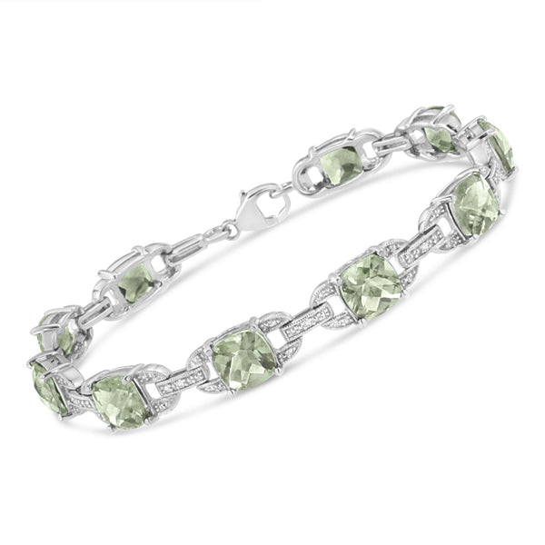 Pulsera tenis con amatista verde de talla cojín de 7x7 mm y diamantes redondos de 1/20 ct. p.t. en plata de ley, foto 2