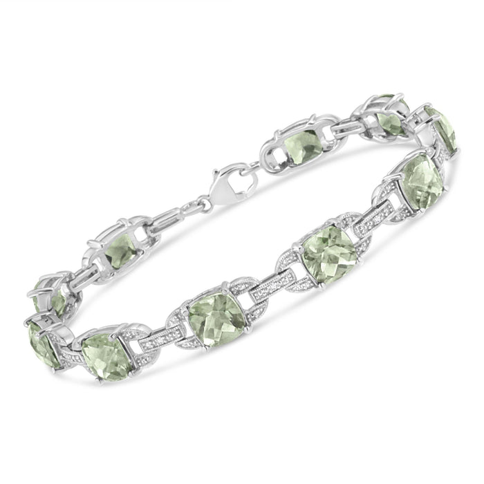 Pulsera tenis con amatista verde de talla cojín de 7x7 mm y diamantes redondos de 1/20 ct. p.t. en plata de ley, foto 2