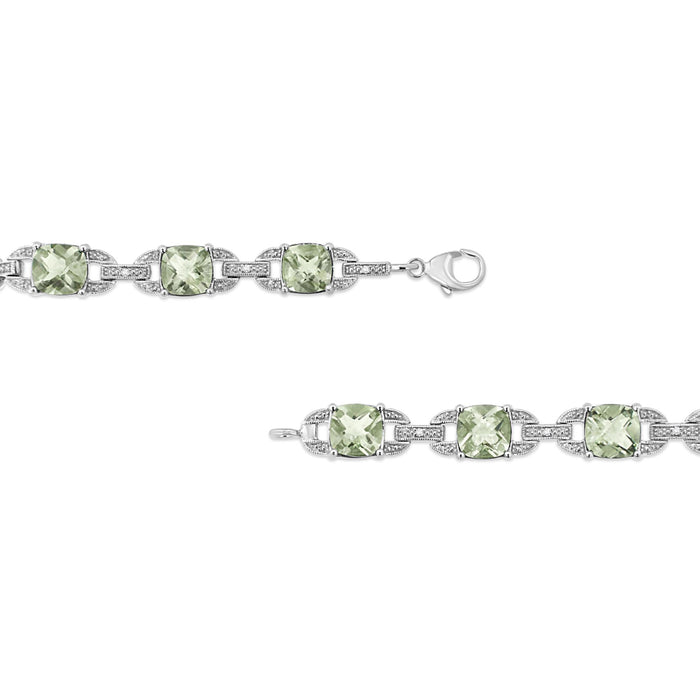 Pulsera tenis con amatista verde de talla cojín de 7x7 mm y diamantes redondos de 1/20 ct. p.t. en plata de ley, foto 4