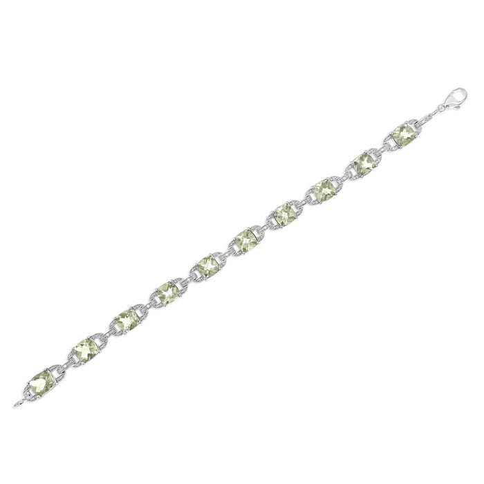 Pulsera tenis con amatista verde de talla cojín de 7x7 mm y diamantes redondos de 1/20 ct. p.t. en plata de ley, foto 6