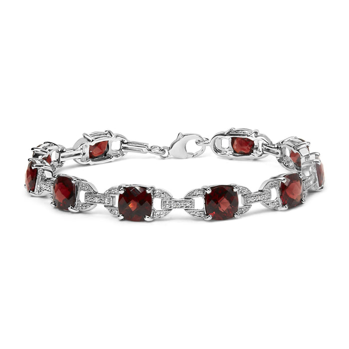 Pulsera tenis de eslabones con granate rojo talla cojín a cuadros de 7x7mm y detalle de diamante en plata de ley, foto 1