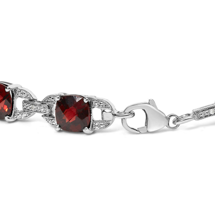 Pulsera tenis de eslabones con granate rojo talla cojín a cuadros de 7x7mm y detalle de diamante en plata de ley, foto 2