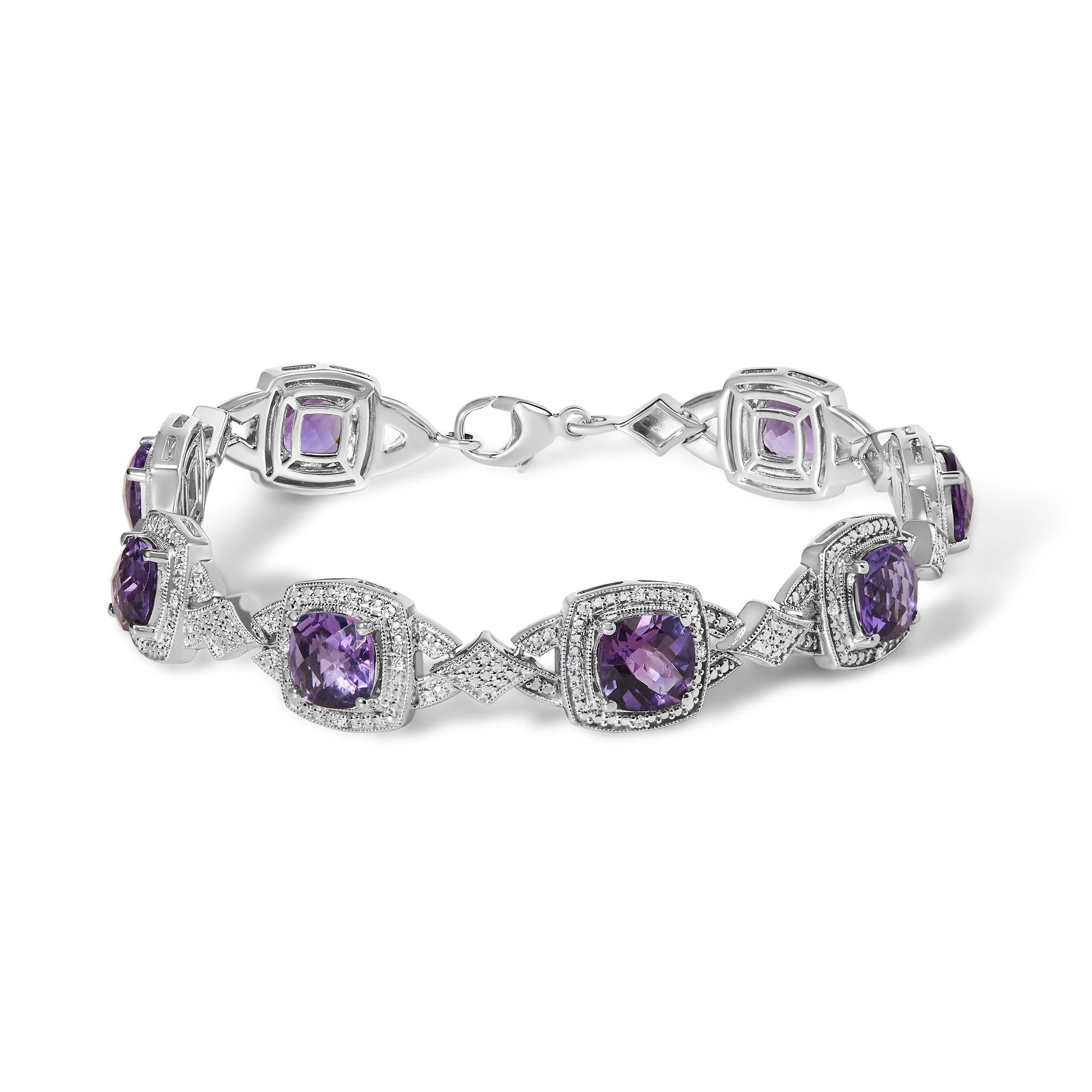 Pulsera de eslabones con halo vintage, amatista morada de 5x7 mm en talla tablero de ajedrez y diamantes en plata de ley, foto 1