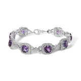 Pulsera de eslabones con halo vintage, amatista morada de 5x7 mm en talla tablero de ajedrez y diamantes en plata de ley