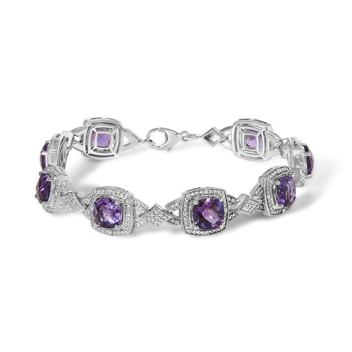 Pulsera de eslabones con halo vintage, amatista morada de 5x7 mm en talla tablero de ajedrez y diamantes en plata de ley, foto 1