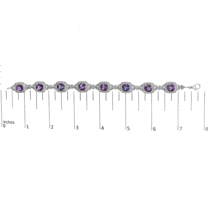 Pulsera de eslabones con halo vintage, amatista morada de 5x7 mm en talla tablero de ajedrez y diamantes en plata de ley, foto 5