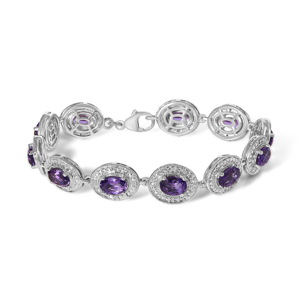 5x7mm Oval Purple Amethyst and Diamond Halo Link Bracelet in Sterling Silver, photo 1