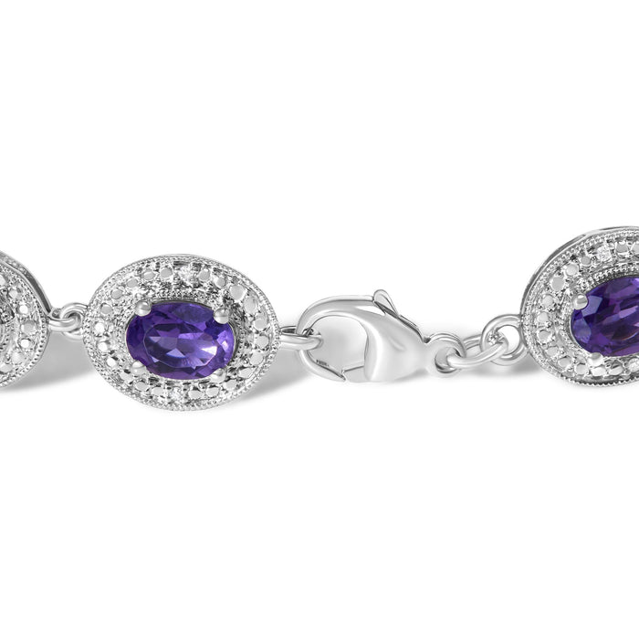 Pulsera de eslabones con halo de diamantes y amatista morada ovalada de 5x7mm en plata de ley, foto 2