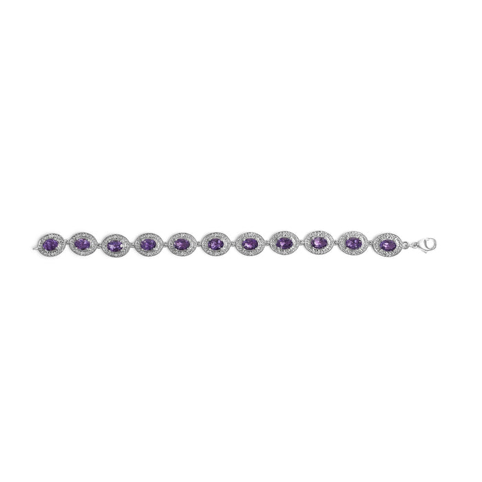 Pulsera de eslabones con halo de diamantes y amatista morada ovalada de 5x7mm en plata de ley, foto 4