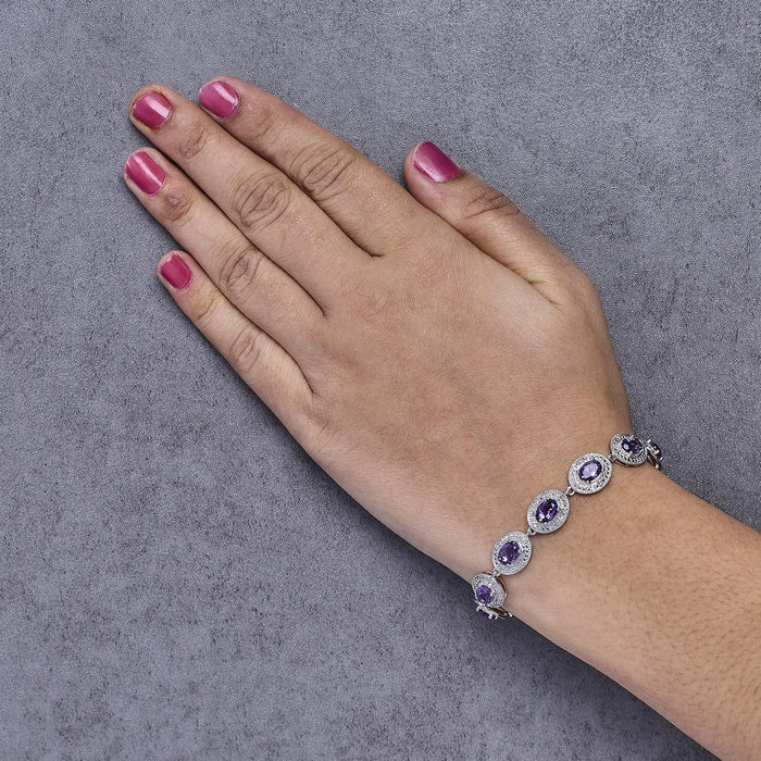 Pulsera de eslabones con halo de diamantes y amatista morada ovalada de 5x7mm en plata de ley, foto 3