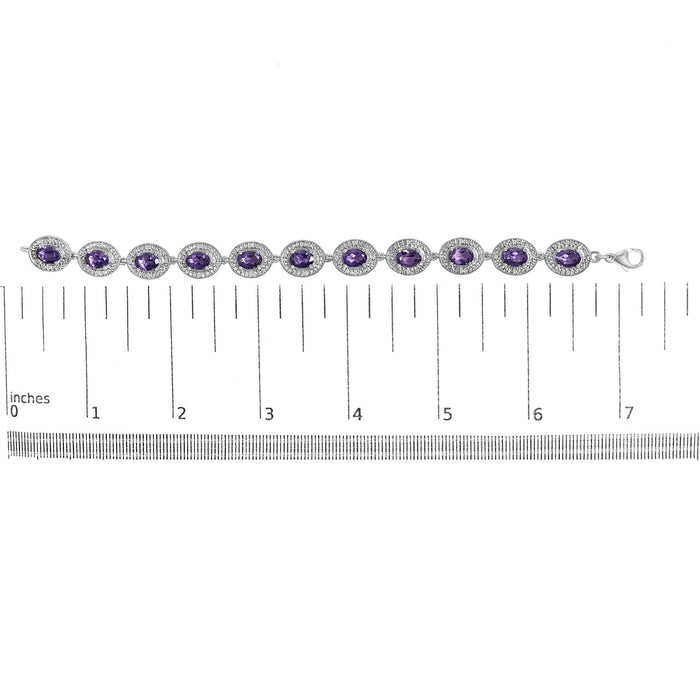 Pulsera de eslabones con halo de diamantes y amatista morada ovalada de 5x7mm en plata de ley, foto 5