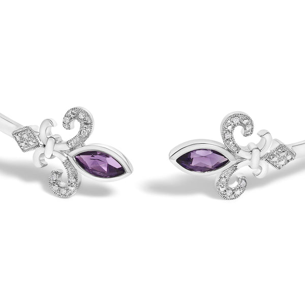8x4mm Marquise Purple Amethyst and Diamond Accent Fleur Di Lis Open Cuff Bangle in Sterling Silver, photo 2