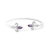 Brazalete rígido abierto de flor de lis con amatista morada marquesa de 8x4mm y detalle de diamante en plata de ley