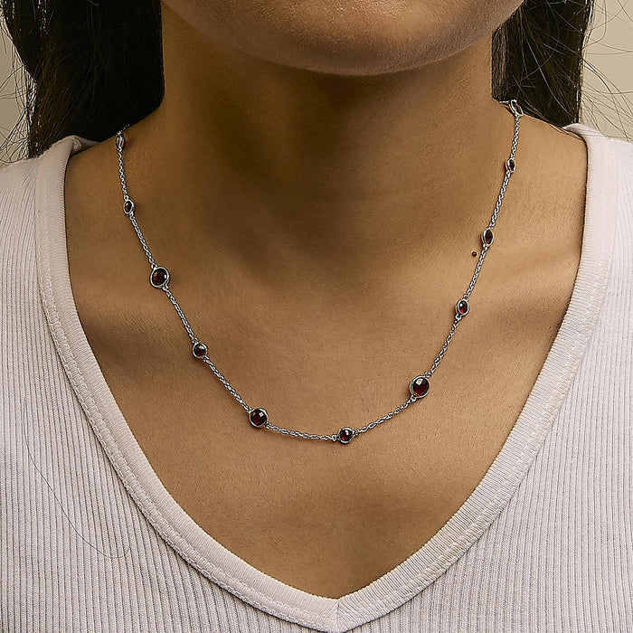 Collar de estaciones de bisel con granate rojo talla tablero de ajedrez en plata de ley, foto 3