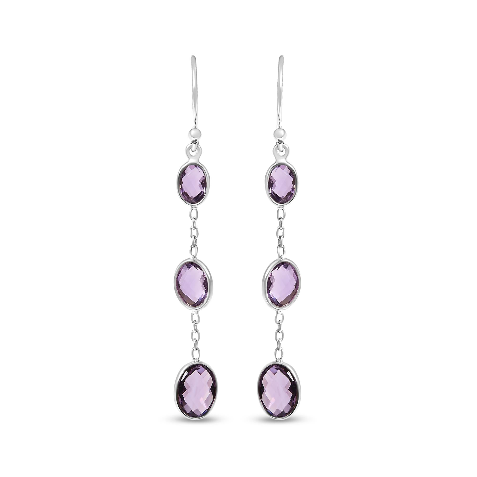 Aretes colgantes con amatista morada ovalada de talla tablero de ajedrez en plata de ley, foto 1