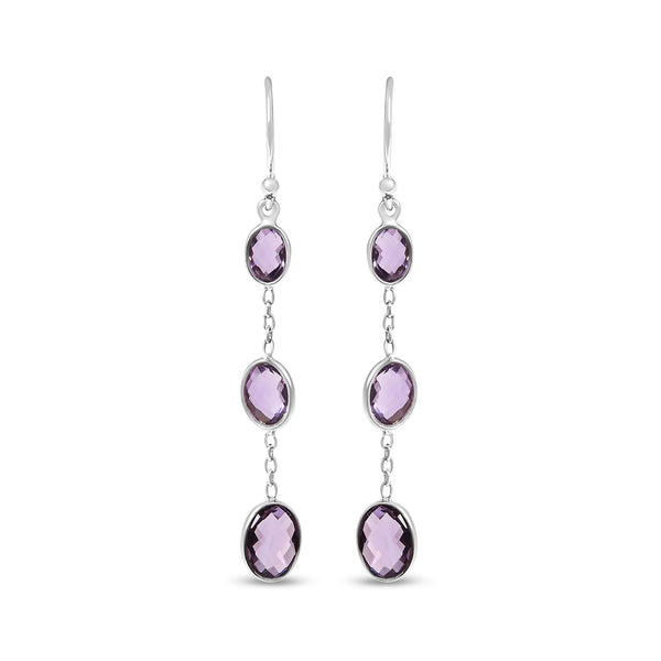 Checkerboard Cut Oval Purple Amethyst Drop and Dangle Earrings in Sterling Silver, photo 1
