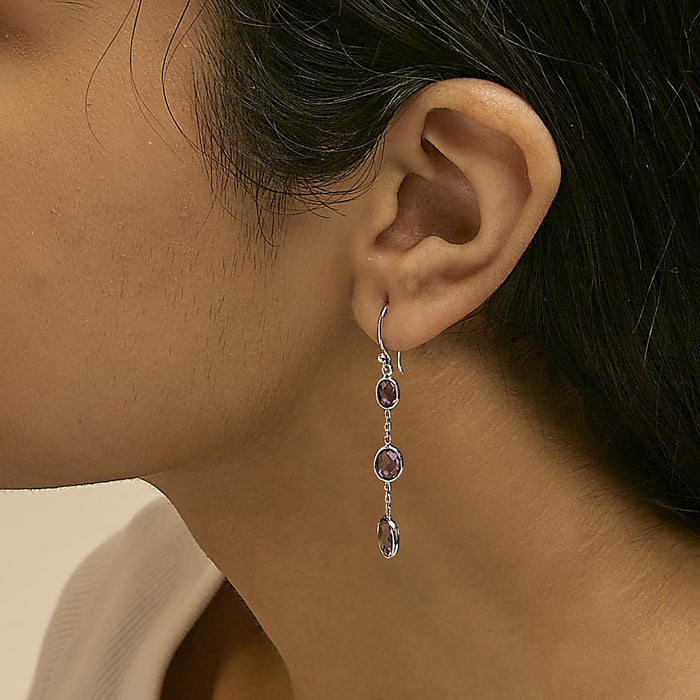 Aretes colgantes con amatista morada ovalada de talla tablero de ajedrez en plata de ley, foto 3
