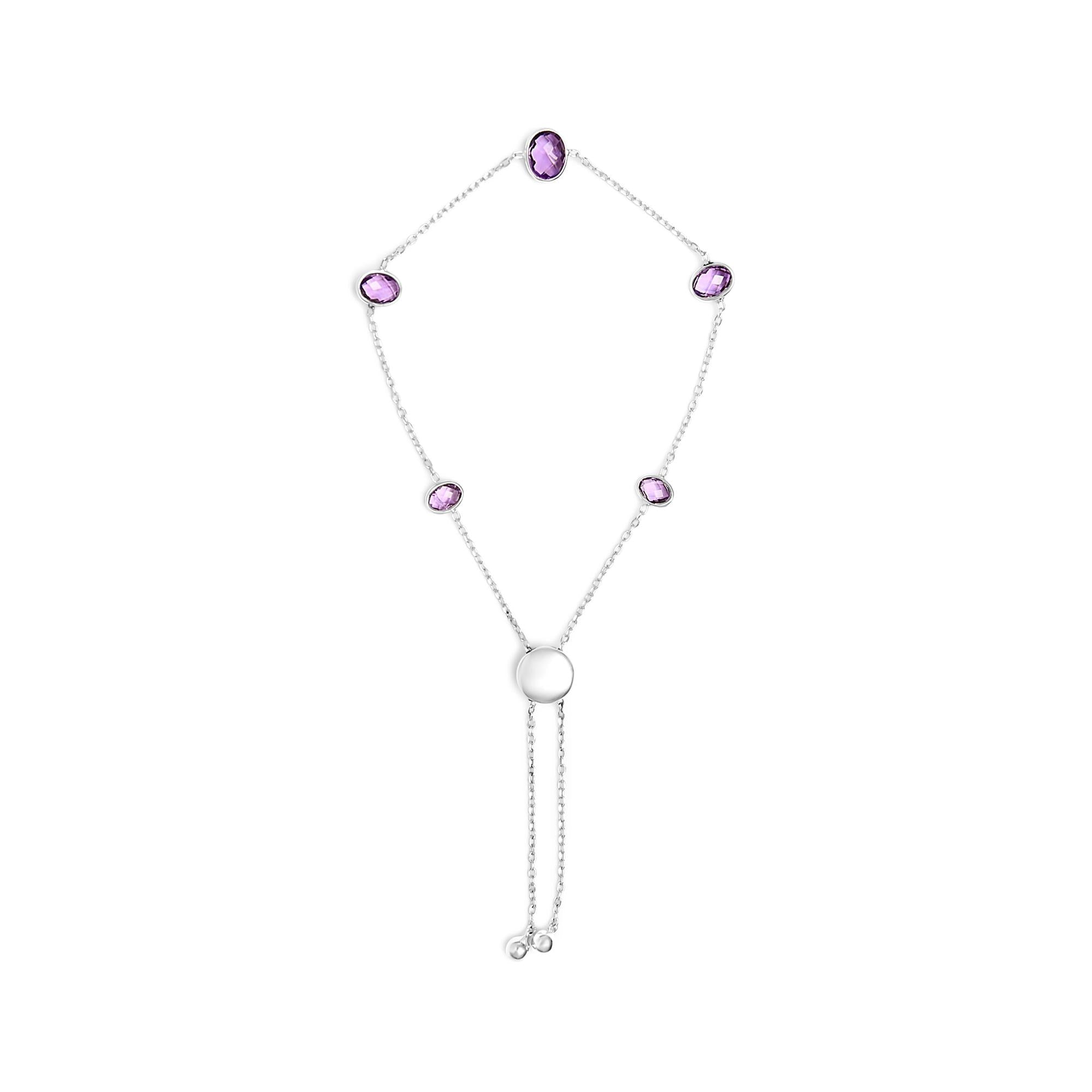 Pulsera bolo ajustable de 5 estaciones con amatista púrpura de bisel en plata de ley, foto 1
