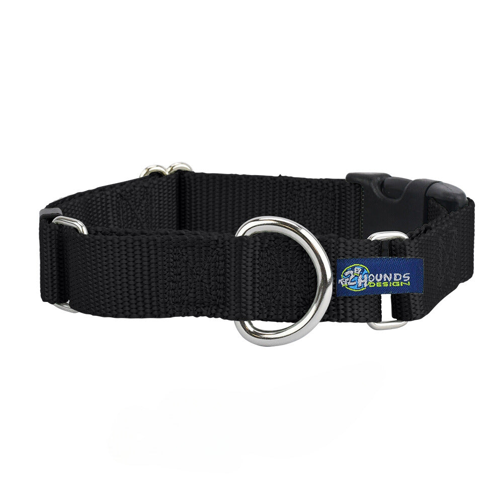 Collar martingala con hebilla para perro de nailon negro, 5/8 pulg. y 1 pulg. de ancho, foto 1