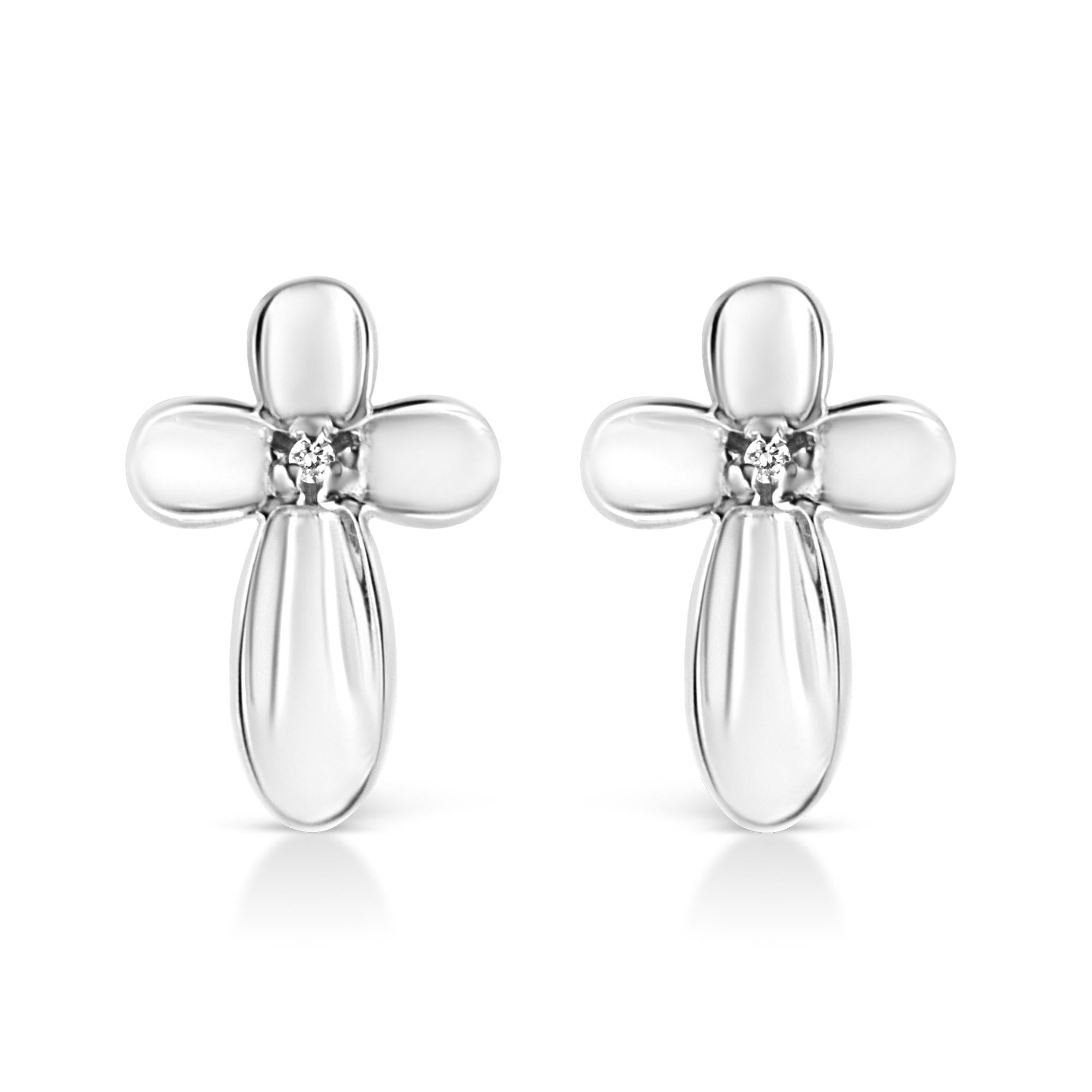 Prong-Set Diamond Accent Floral Cross Stud Earrings in Sterling Silver, photo 1