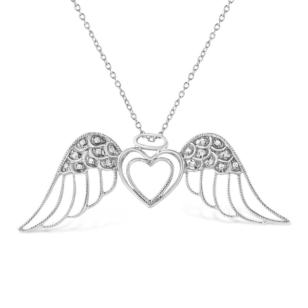 Collar con colgante de ala de ángel y doble corazón con detalle de diamante pavé en plata de ley, foto 1