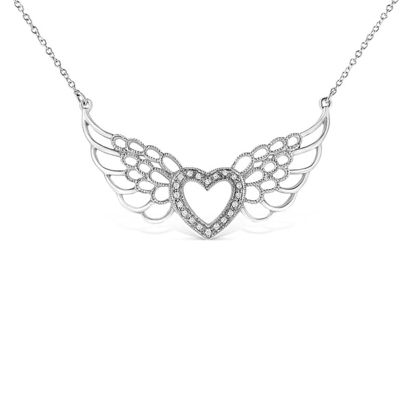Collar con colgante de corazón y ala de hada con detalle de diamante pavé en plata de ley, foto 1