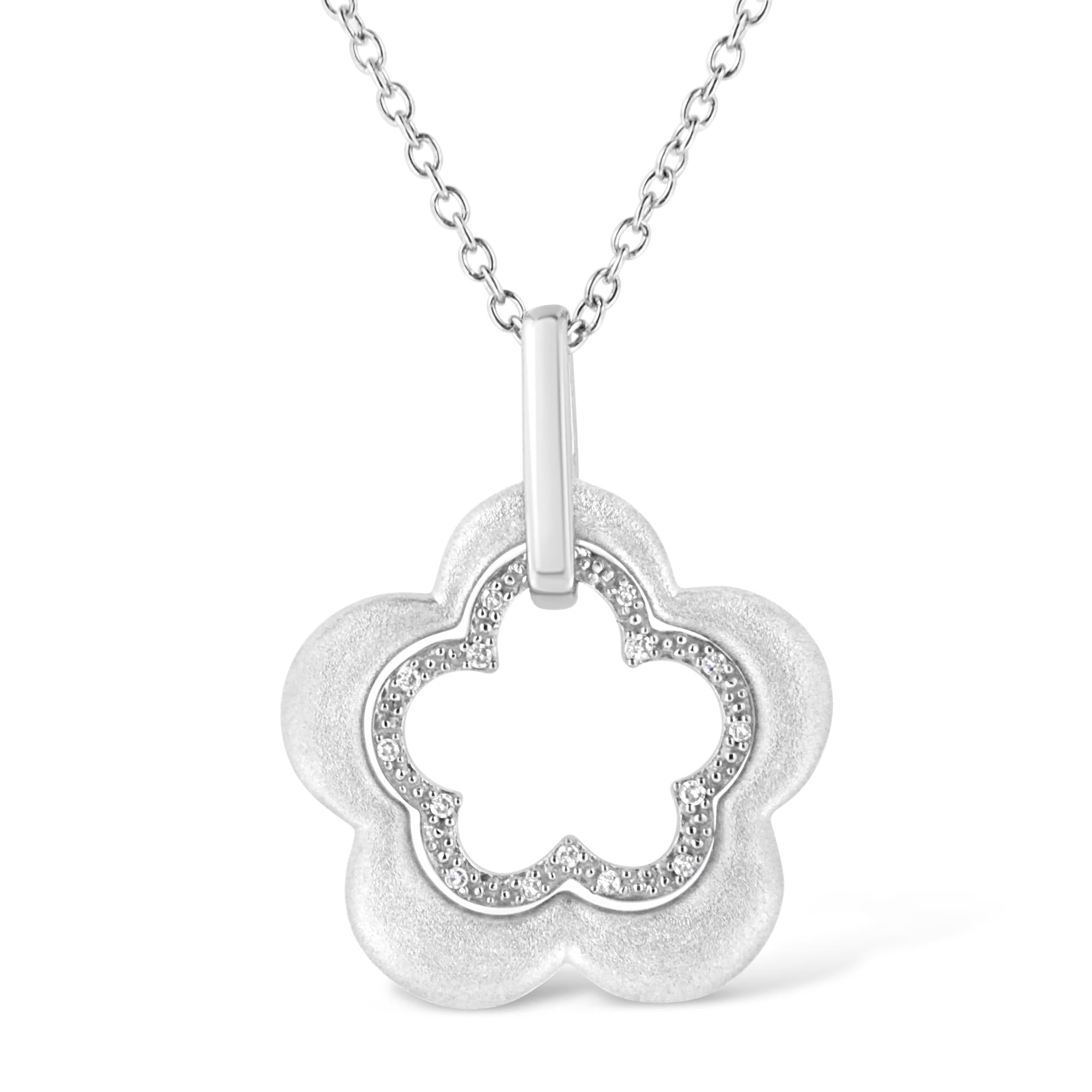 Collar con colgante de doble flor con acabado mate y satinado con detalle de diamante en plata de ley, foto 1