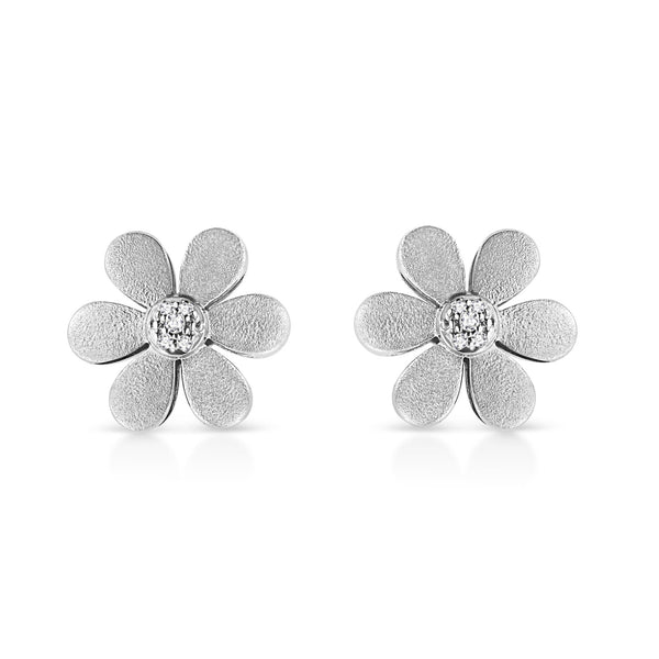 Aretes de botón de aro de flor con acabado mate y detalle de diamante en plata de ley, foto 1