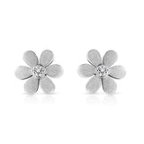 Aretes de botón de aro de flor con acabado mate y detalle de diamante en plata de ley, color I-J, claridad I1-I2