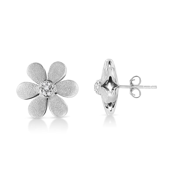 Aretes de botón de aro de flor con acabado mate y detalle de diamante en plata de ley, foto 2