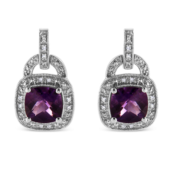 Aretes colgantes de halo con amatista natural en cojín de 8mm, detalle de diamante y cierre de presión en plata de ley, foto 1