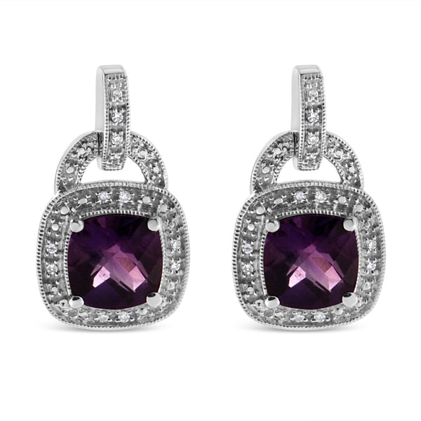Aretes colgantes de halo con amatista natural en cojín de 8mm, detalle de diamante y cierre de presión en plata de ley, foto 2