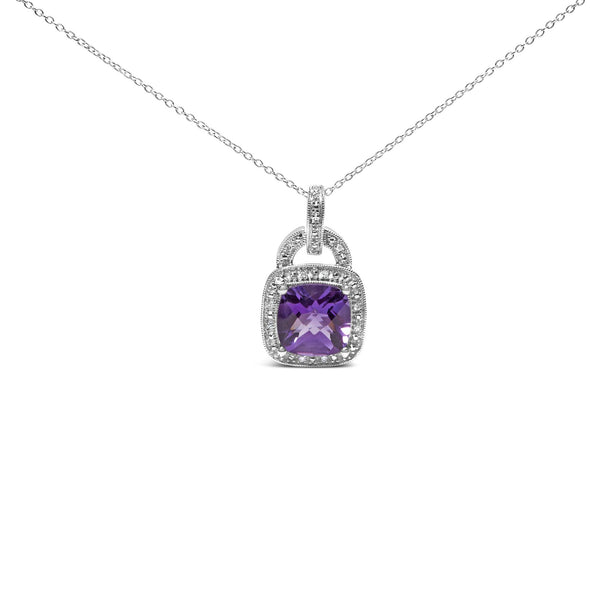 Collar con colgante de halo con amatista morada talla cojín de 10x10mm y detalle de diamante en plata de ley, foto 1