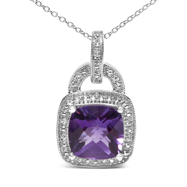 Collar con colgante de halo con amatista morada talla cojín de 10x10mm y detalle de diamante en plata de ley, foto 2