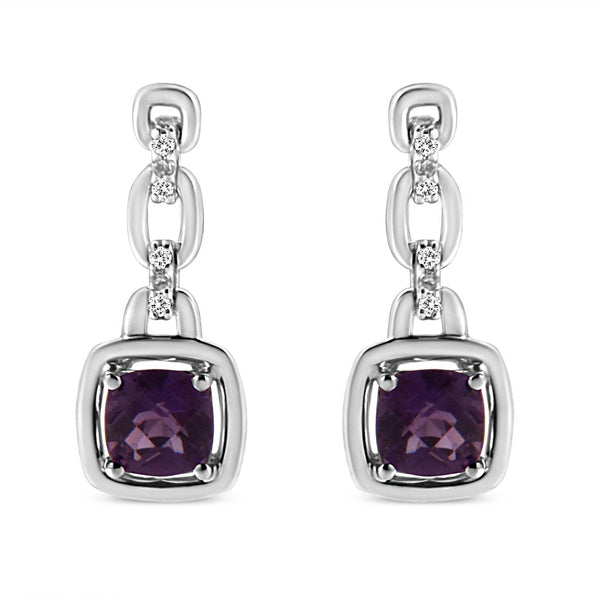 Aretes colgantes con amatista púrpura natural en cojín de 6x6mm y detalles de diamante en plata de ley, foto 1