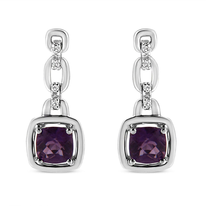 Aretes colgantes con amatista púrpura natural en cojín de 6x6mm y detalles de diamante en plata de ley, foto 1