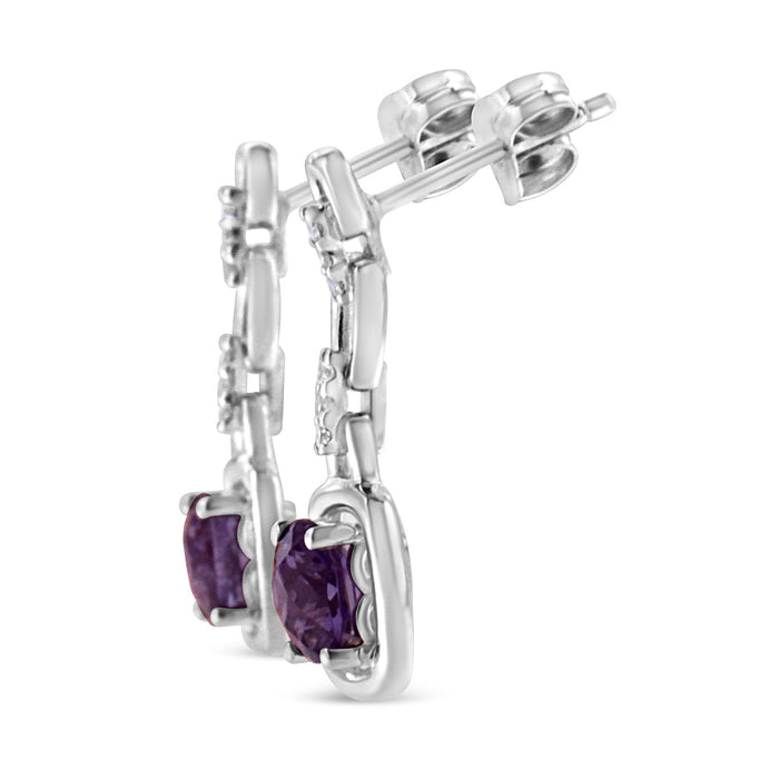 Aretes colgantes con amatista púrpura natural en cojín de 6x6mm y detalles de diamante en plata de ley, foto 2