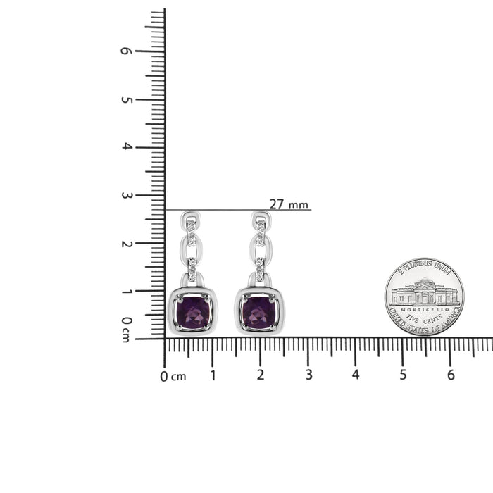 Aretes colgantes con amatista púrpura natural en cojín de 6x6mm y detalles de diamante en plata de ley, foto 5