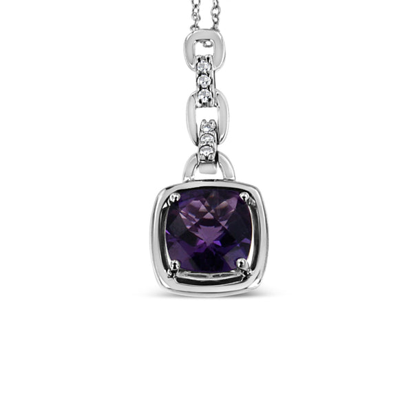 Collar con colgante de amatista morada natural talla cojín de 6x6mm con anilla y detalle de diamante en plata de ley, foto 1