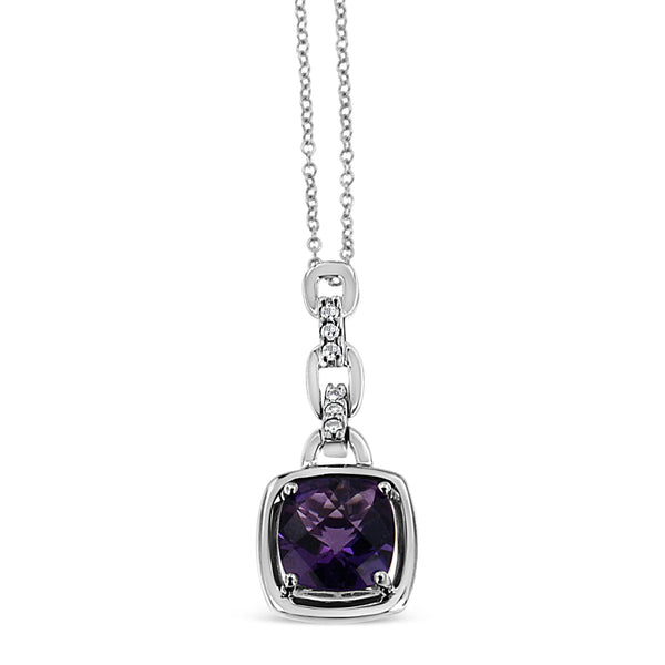 Collar con colgante de amatista morada natural talla cojín de 6x6mm con anilla y detalle de diamante en plata de ley, foto 2