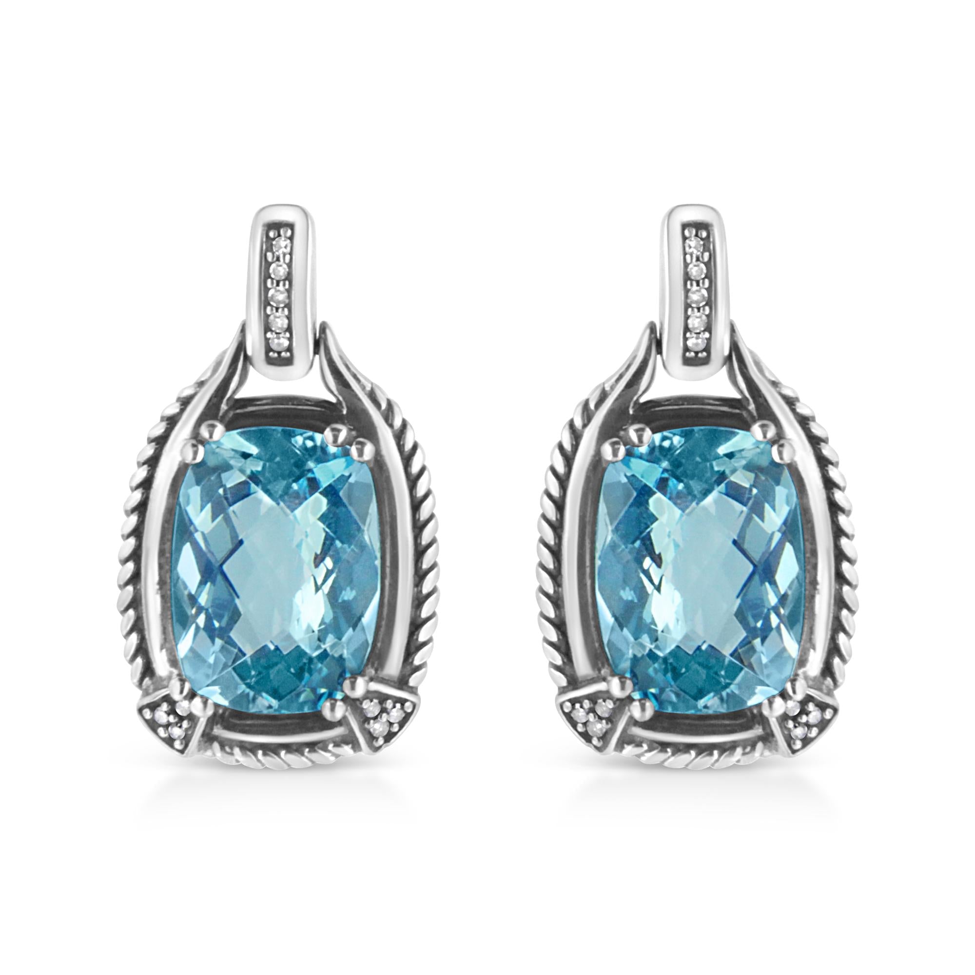 Aretes colgantes con gema de topacio azul talla cojín de 14x10mm y detalles de diamante en plata de ley, color I-J, claridad I1-I2, foto 1