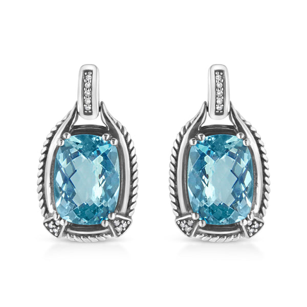 14x10mm Cushion-Cut Blue Topaz Gemstone and Diamond Accent Dangle Earrings in Sterling Silver, photo 1
