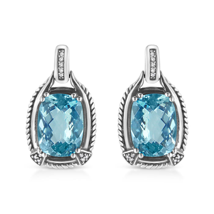 Aretes colgantes con gema de topacio azul talla cojín de 14x10mm y detalles de diamante en plata de ley, color I-J, claridad I1-I2, foto 1