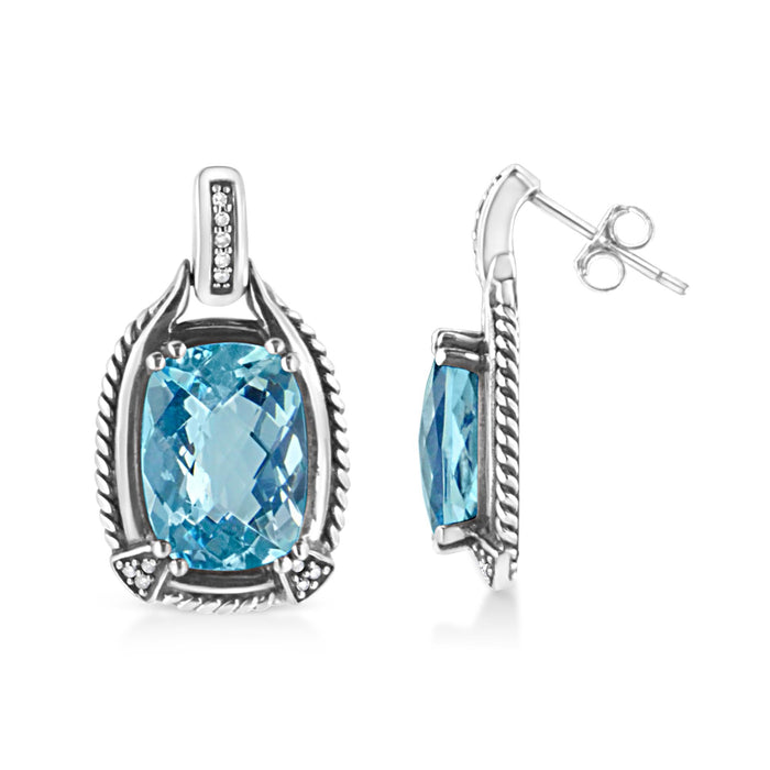 Aretes colgantes con gema de topacio azul talla cojín de 14x10mm y detalles de diamante en plata de ley, color I-J, claridad I1-I2, foto 2