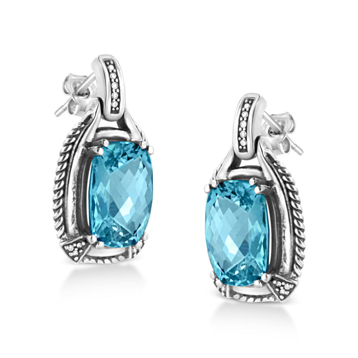 Aretes colgantes con gema de topacio azul talla cojín de 14x10mm y detalles de diamante en plata de ley, color I-J, claridad I1-I2, foto 4