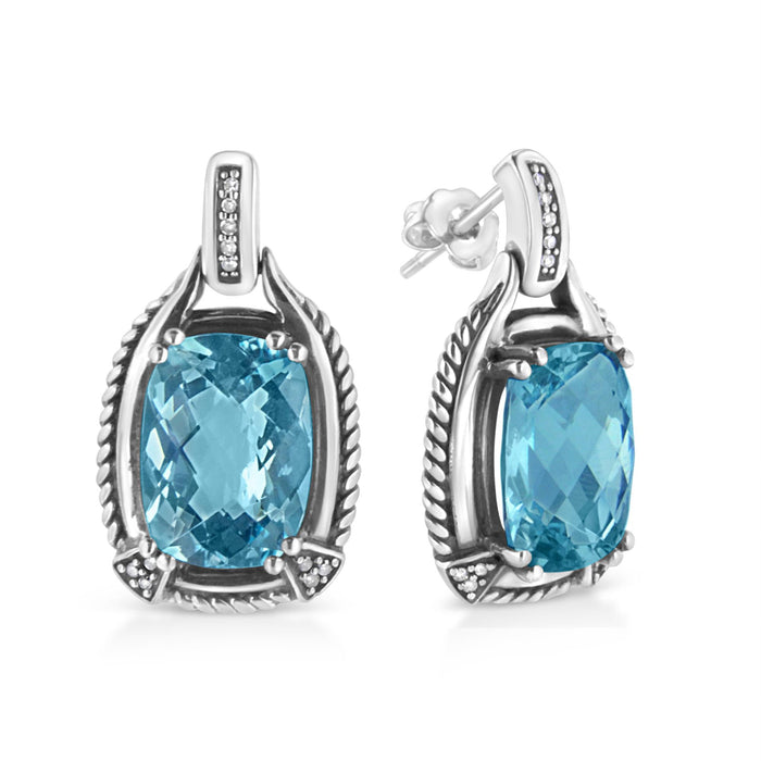 Aretes colgantes con gema de topacio azul talla cojín de 14x10mm y detalles de diamante en plata de ley, color I-J, claridad I1-I2, foto 5